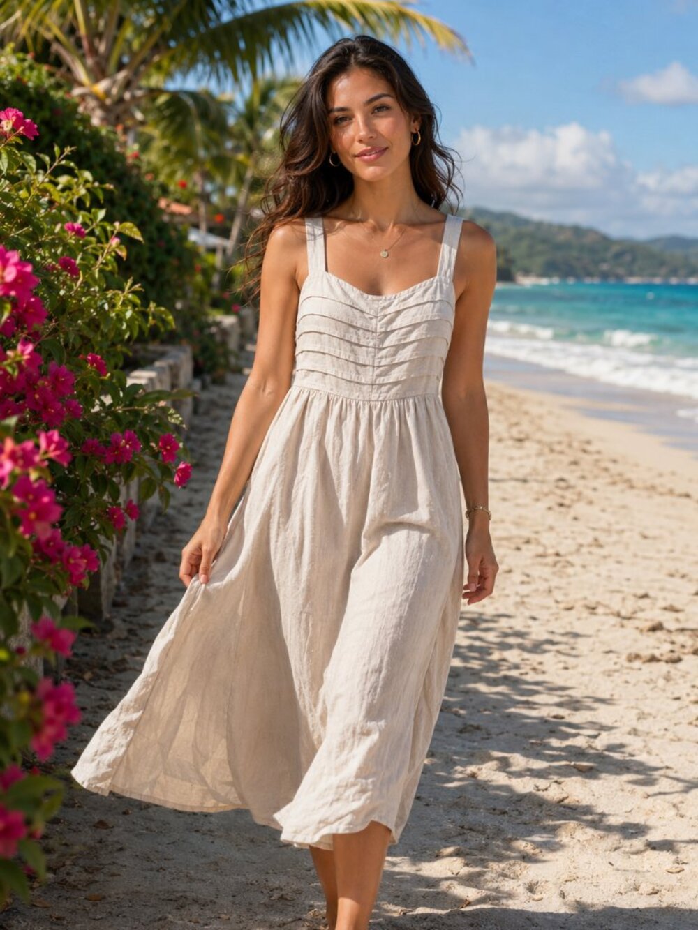 Lost + Wander Shoulder Strap Linen Cotton Blend Dress- Light ivory/cream. Large